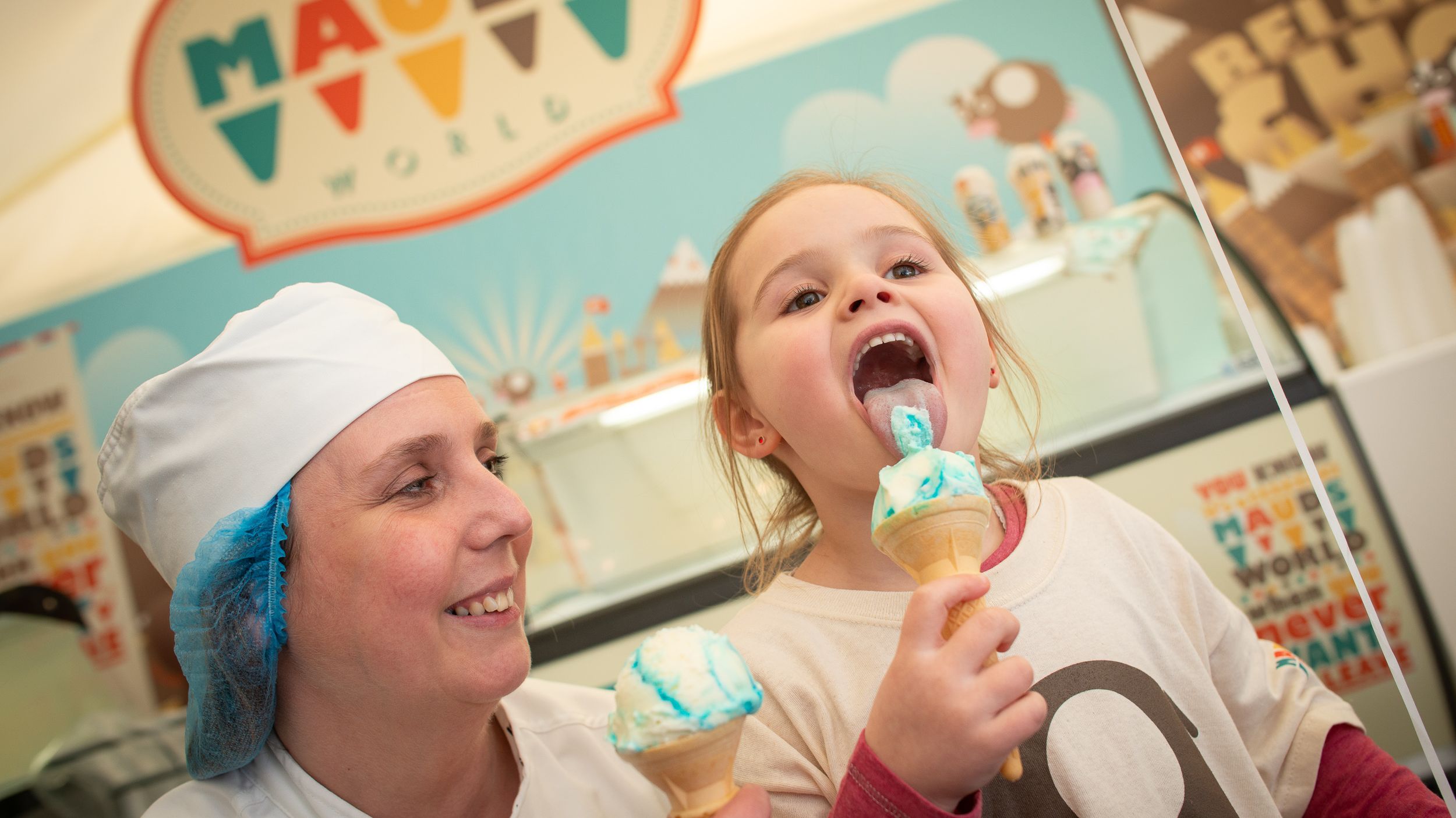 Mauds Ice Cream rebrand event showing staff, branding and the production facility